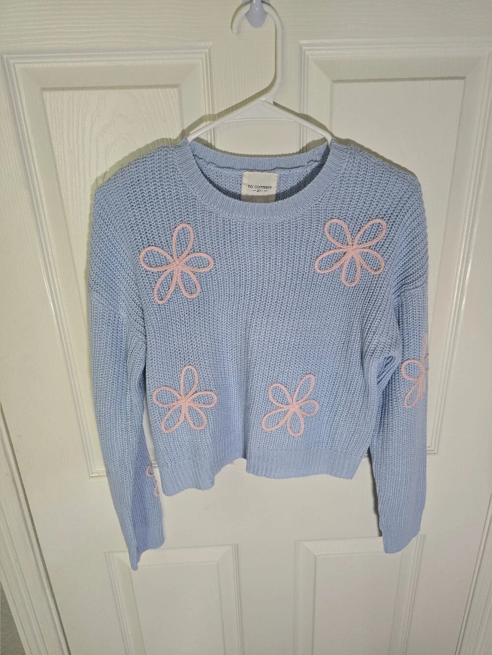No Comment Girls Blue with Pink Flowers Knit Pullover Sweater XL
